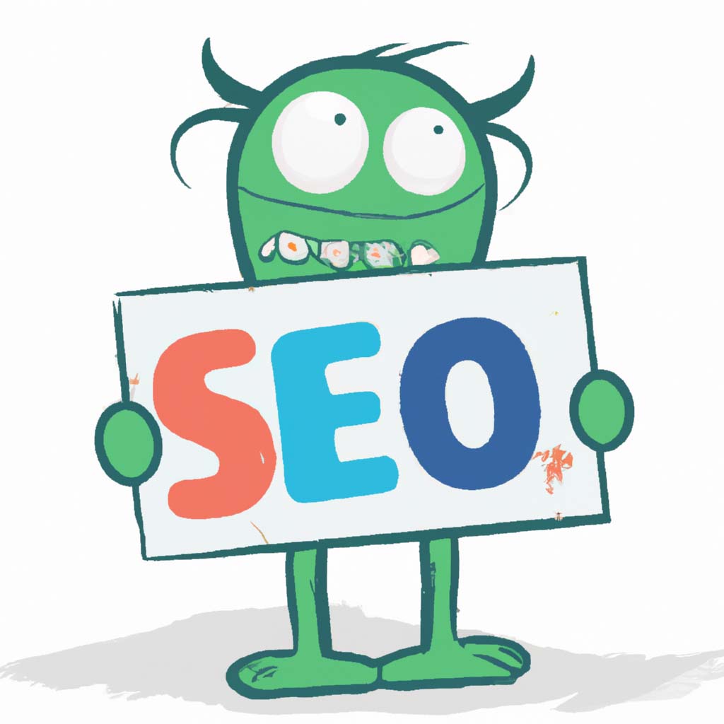 Cute monster holding a sign reading SEO